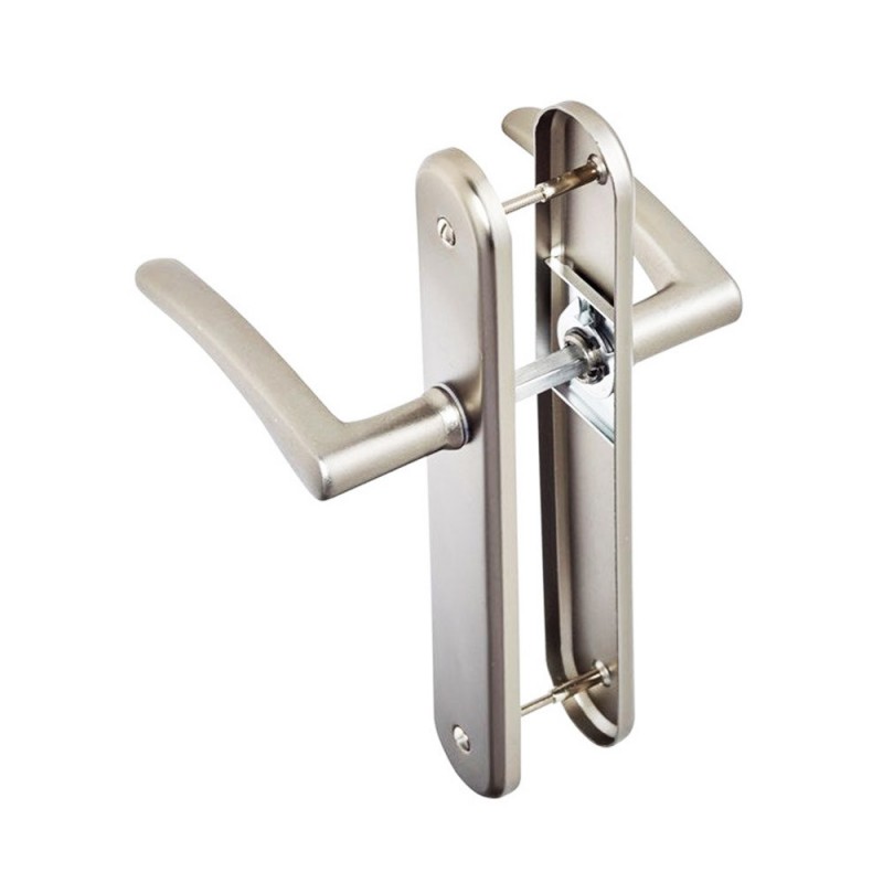 P50 Poignée de porte Eve Zamak nickelé sat 195mm bec de cane sur cale de 2 pièces