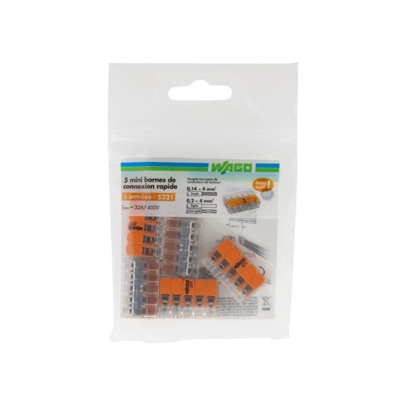 Lot de 5 bornes automatiques à levier 25 Mm² pour rigide et souple