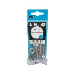 Lot de 4 boulons et écrous inox tête 6 pans hexagonal 8 x L.30 mm