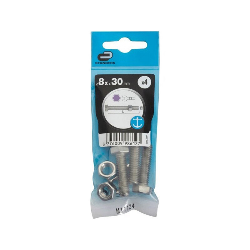 Lot de 4 boulons et écrous inox tête 6 pans hexagonal 8 x L.30 mm