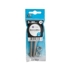 Lot de 2 boulons et écrousinox tête 6 pans hexagonal 8 x L.80 mm