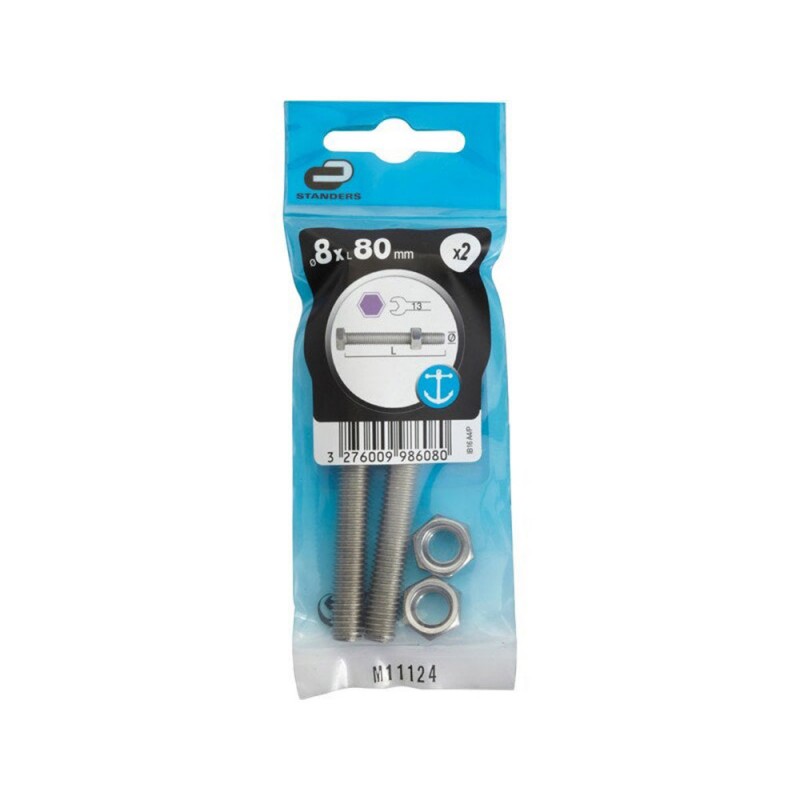 Lot de 2 boulons et écrousinox tête 6 pans hexagonal 8 x L.80 mm