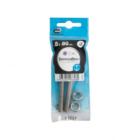 Lot de 2 boulons et écrousinox tête 6 pans hexagonal 8 x L.80 mm