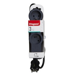 Rallonge multiprise extra-plate équipée de 3 prises 2P+T 16A 3680W avec cordon noir et gris foncé