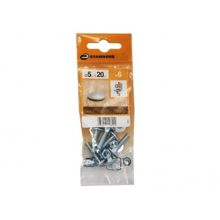 Lot de 6 boulons tête ronde et cou carré acier zinguéL.20 X Diam.5 Mm