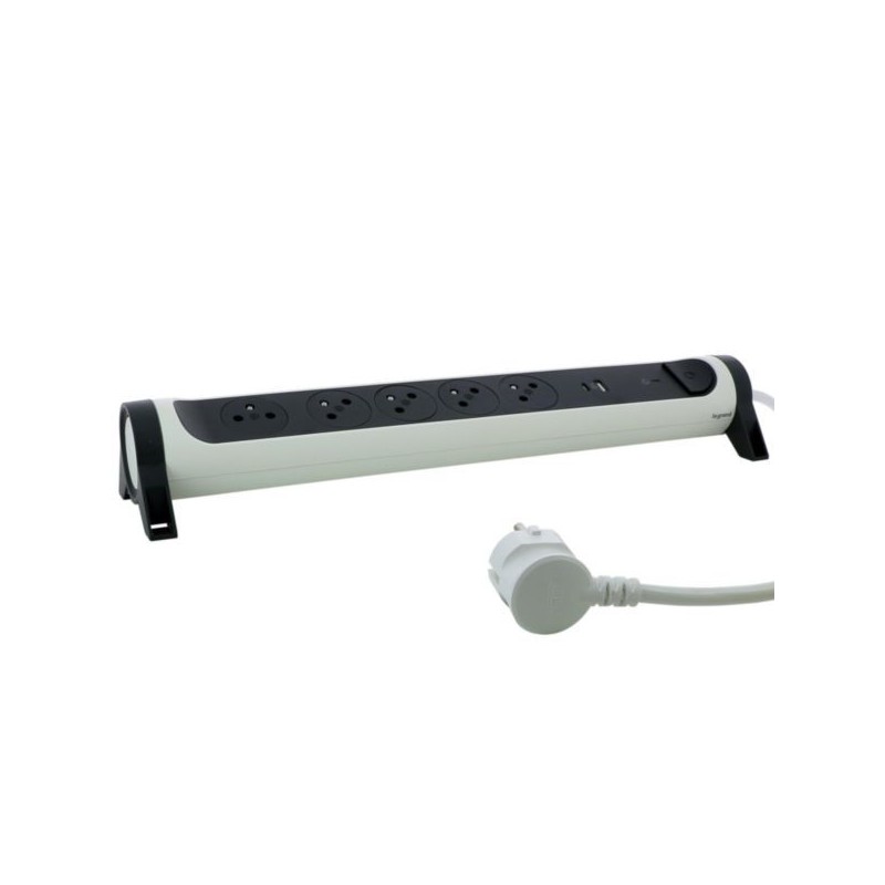 Rallonge multiprise 5 prises 2P+T Surface USB Type-A + Type-C - blanc et gris foncé