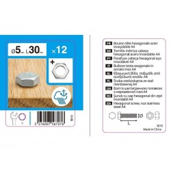 Sachet de 12 boulons inox, tête 6 pans hexagonal  L.30 mm|Sanifer