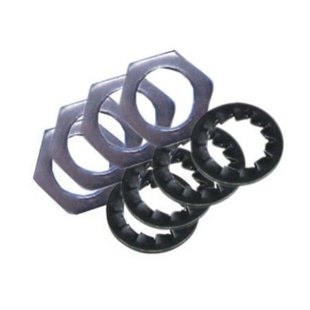 Ecrous 6 pans + 4 rondelles eventails acier uv4