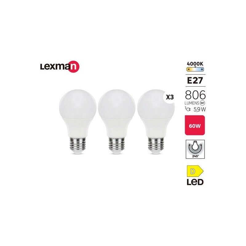Lot de 3 ampoules led plastique E27 806lm 60W blanc neutre