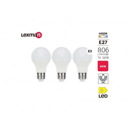 Lot de 3 ampoules led plastique E27 806lm 60W blanc neutre