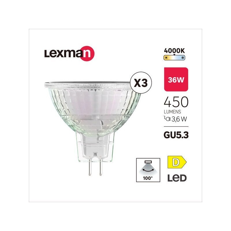 Lot de 3 ampoules led réflecteur GU5.3 100° 450lm 36W blanc neutre