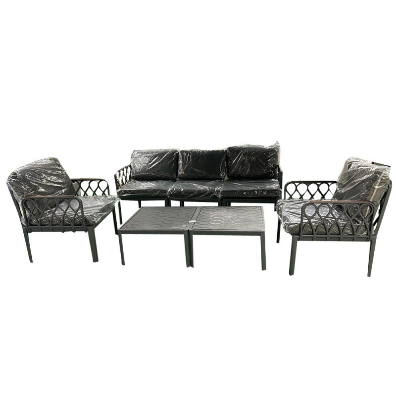 Salon de jardin 2 chaises 1 fauteuil de 3 places et 2 poufs gris