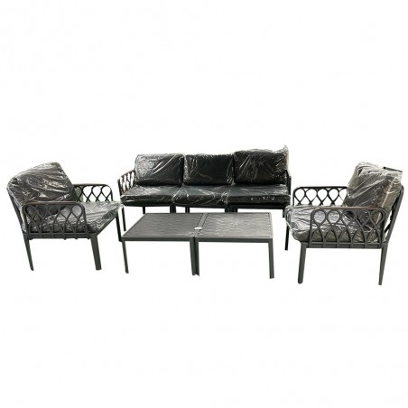 Salon de jardin 2 chaises 1 fauteuil de 3 places et 2 poufs gris