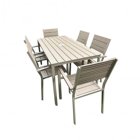 Table et 6 chaises de jardin beige en plastique