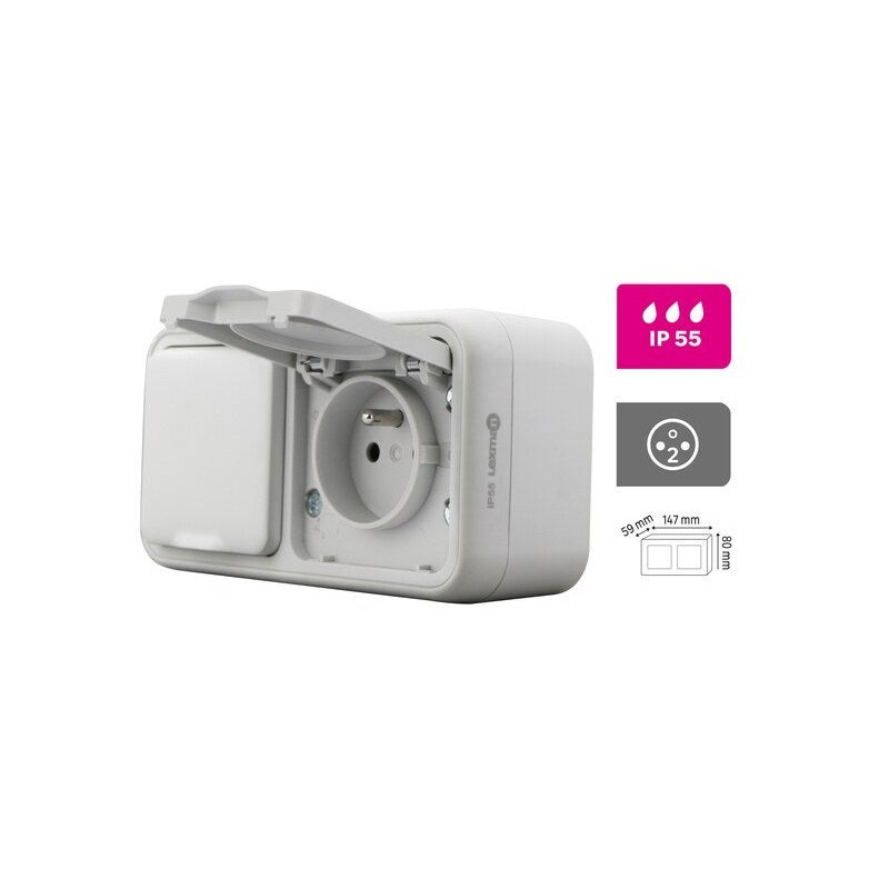 Double prises 2 pôles + terre auto trail LEXMAN gris