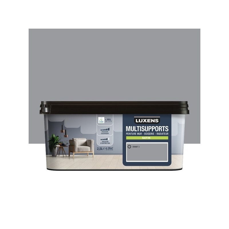 Peinture satiné mur boiserie et radiateur LUXENS Granit 3 gris 2.5 Litres| Sanifer