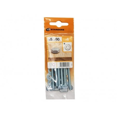 Lot de 6 Boulons Tête 6 pans acier Zingué L.60 X diam.5 Mm Standers|Sanifer