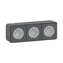 Prise 2P+T Schuko 3 entrées précablée saillie IP55 gris MUREVA