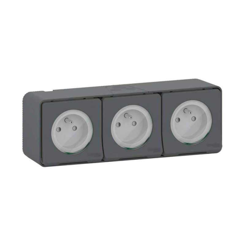 Prise 2P+T Schuko 3 entrées précablée saillie IP55 gris MUREVA