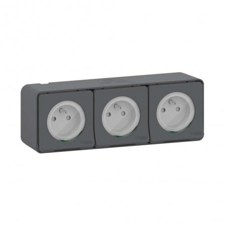 Prise 2P+T Schuko 3 entrées précablée saillie IP55 gris MUREVA