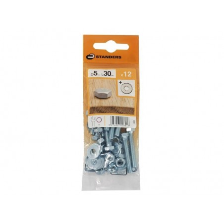 Lot de 12 Boulons Tête 6 Pans Acier Zingué L.30 X Diam.5 Mm Standers