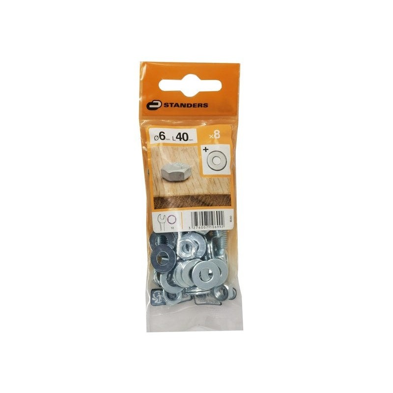 Lot de 8 Boulons Tête 6 Pans Acier Zingué L.40 Standers