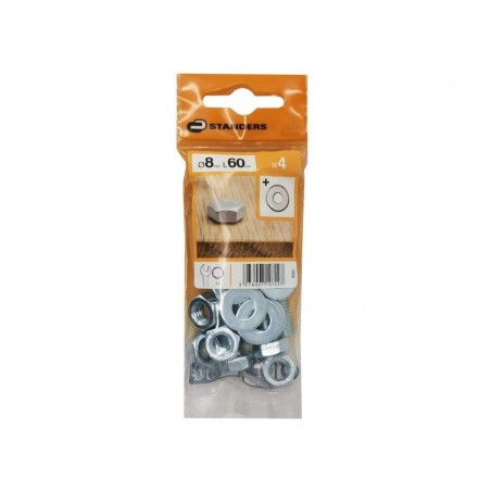 Lot de 4 Boulons Tête 6 Pans Acier Zingué L.60 X Diam.8 Mm Standers