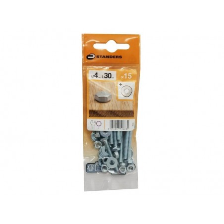 Lot de 15 Boulons Tête 6 Pans Acier Zingué L.30 X Diam.4 Mm Standers