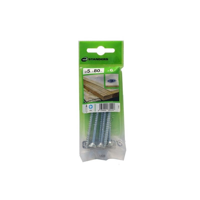 Lot de 6 Vis Acier Tête Fraisée Standers Diam.5 Mm X L.80 Mm