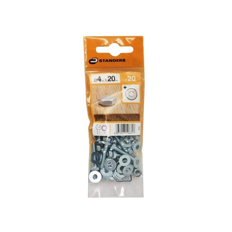 Lot de 20 Boulons tête 6 Pans Acier Zingué L.20 X Diam.4 Mm Standers