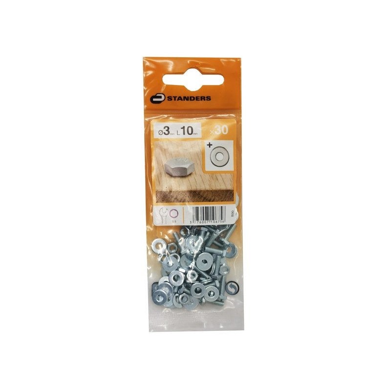 Lot de 30 Boulons Tête 6 Pans Acier Zingué L.10 X Diam.3 Mm Standers