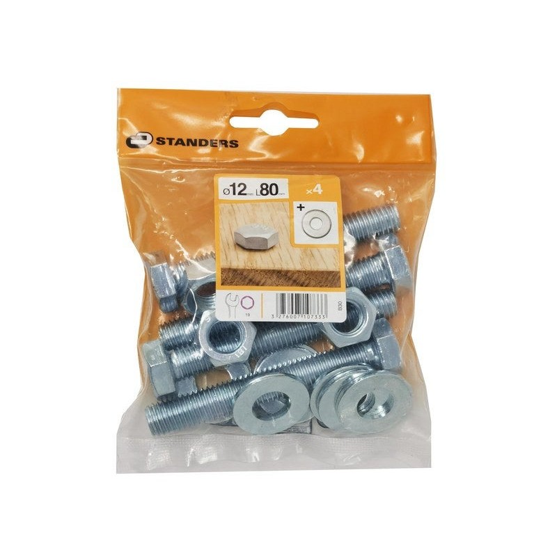 Lot de 4 Boulons Tête 6 Pans Acier Zingué L.80 X Diam.12 Mm Standers