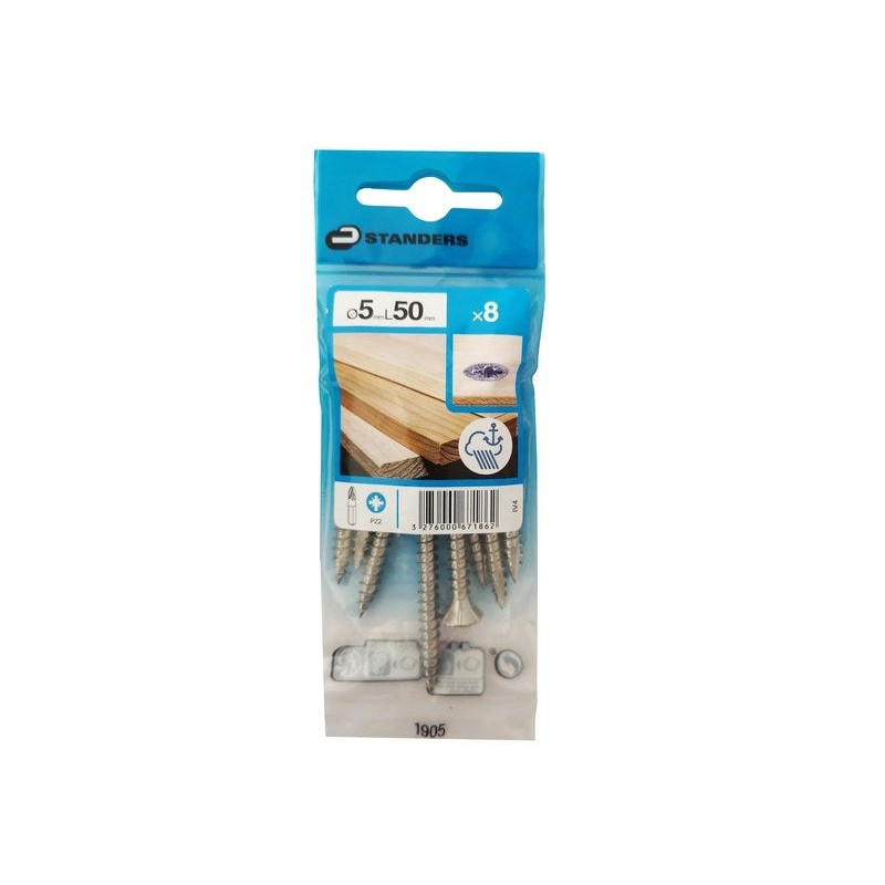 Lot de 8 Vis Inox tête Fraisée Standers Diam.5 Mm X L.50 Mm