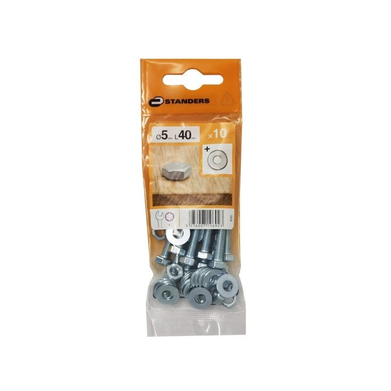 Lot de 10 Boulons tête 6 Pans Acier Zingué L.40 X Diam.5 Mm Standers