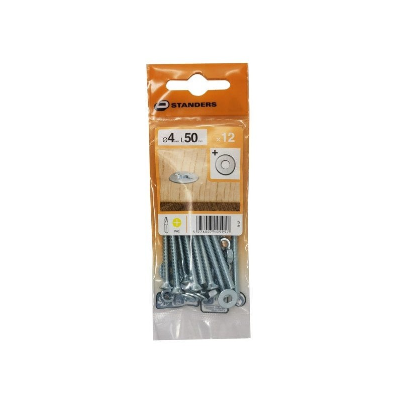 Lot de 12 Boulons Tête Autofraisée Plate Acier Zingué L.50 X Diam.4 Mm Standers