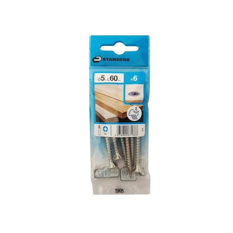 Lot de 6 Vis Inox Tête Fraisée Standers Diam.5 Mm X L.60 Mm